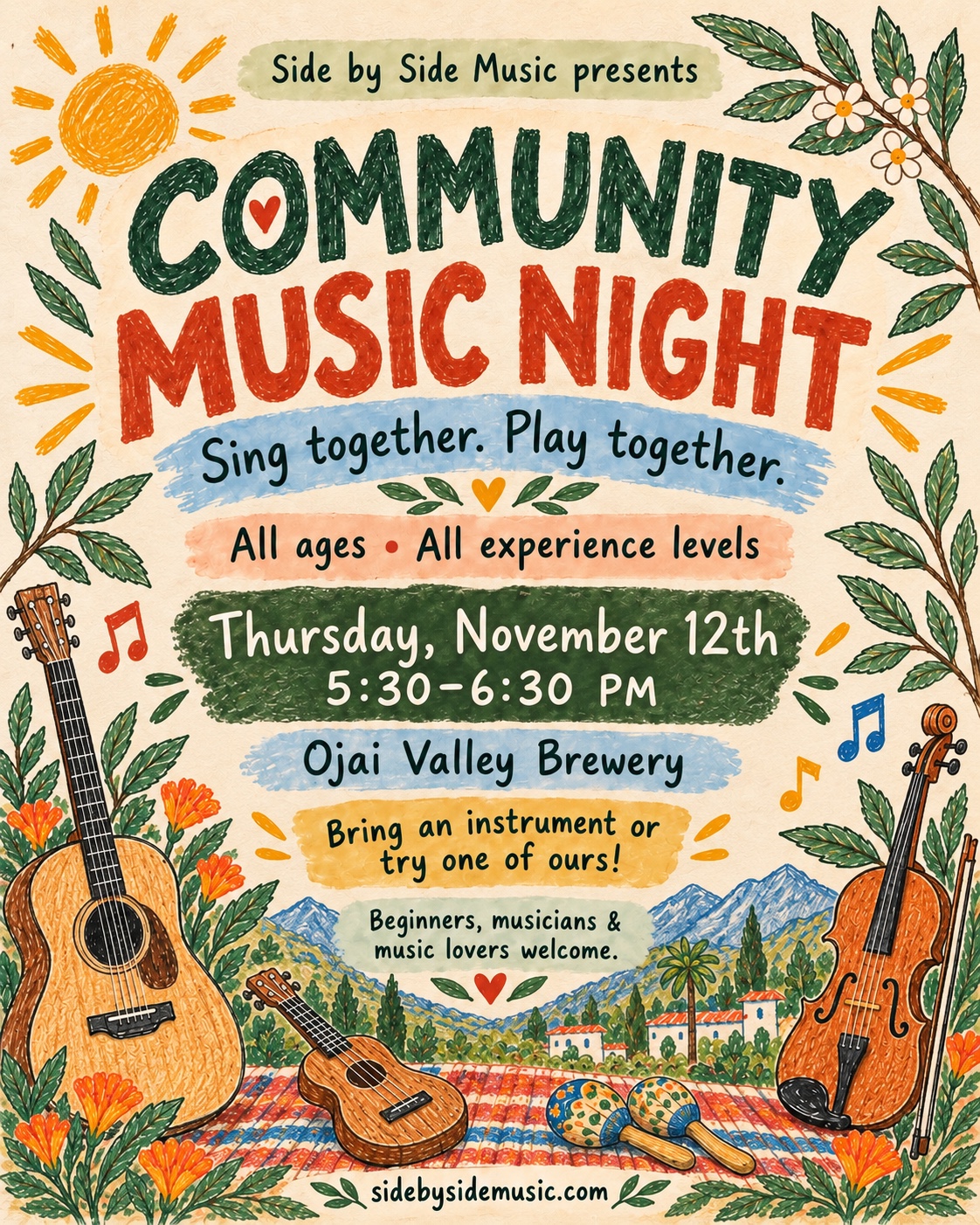 Hand-drawn Community Music Night flyer with instruments, flowers, and the Ojai mountains